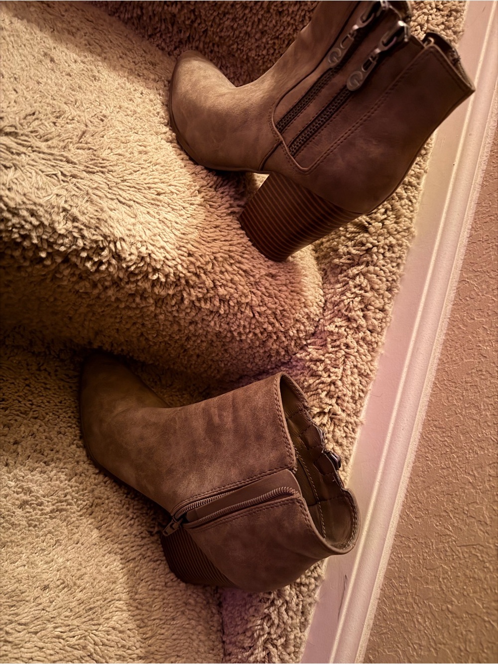 G by Guess Taupe Side-Zip Ankle Booties with Block Heel